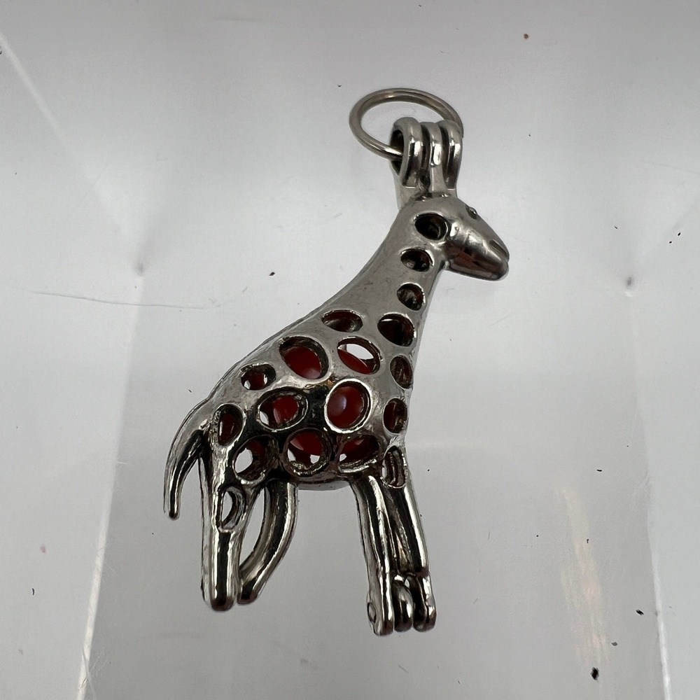 Giraffe Pearl Cage Pendant Silver Tone Charm Whimsical Boho Minimalist Silver